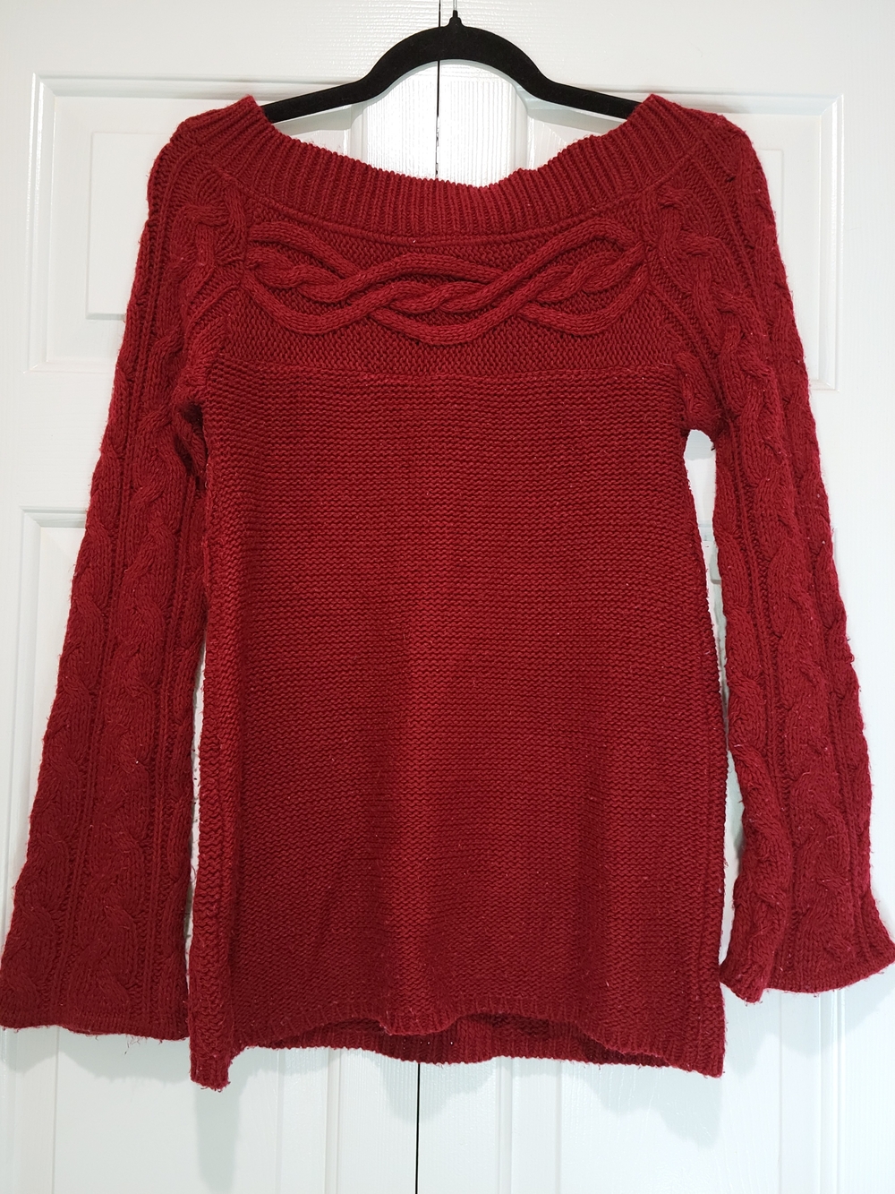 ALLOY Off-the-Shoulder/Boatneck Cable Knit Sweater in Red - Picture 2 of 11